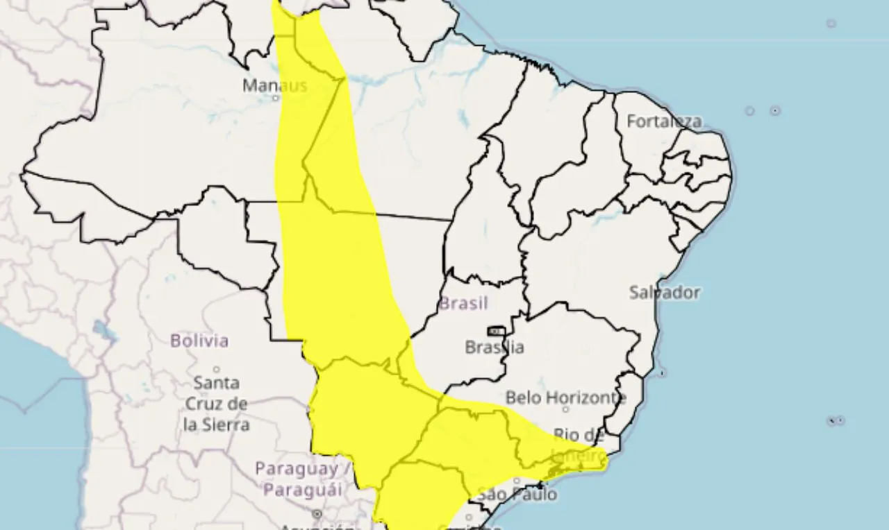 O mapa mostra as &aacute;reas em alerta para chuva intensa e ventos